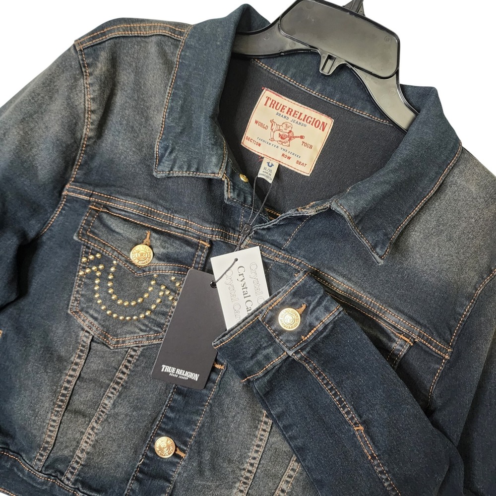 True Religion Denim Studded Crop Trucker Jacket Dark Eclipse Wash XL